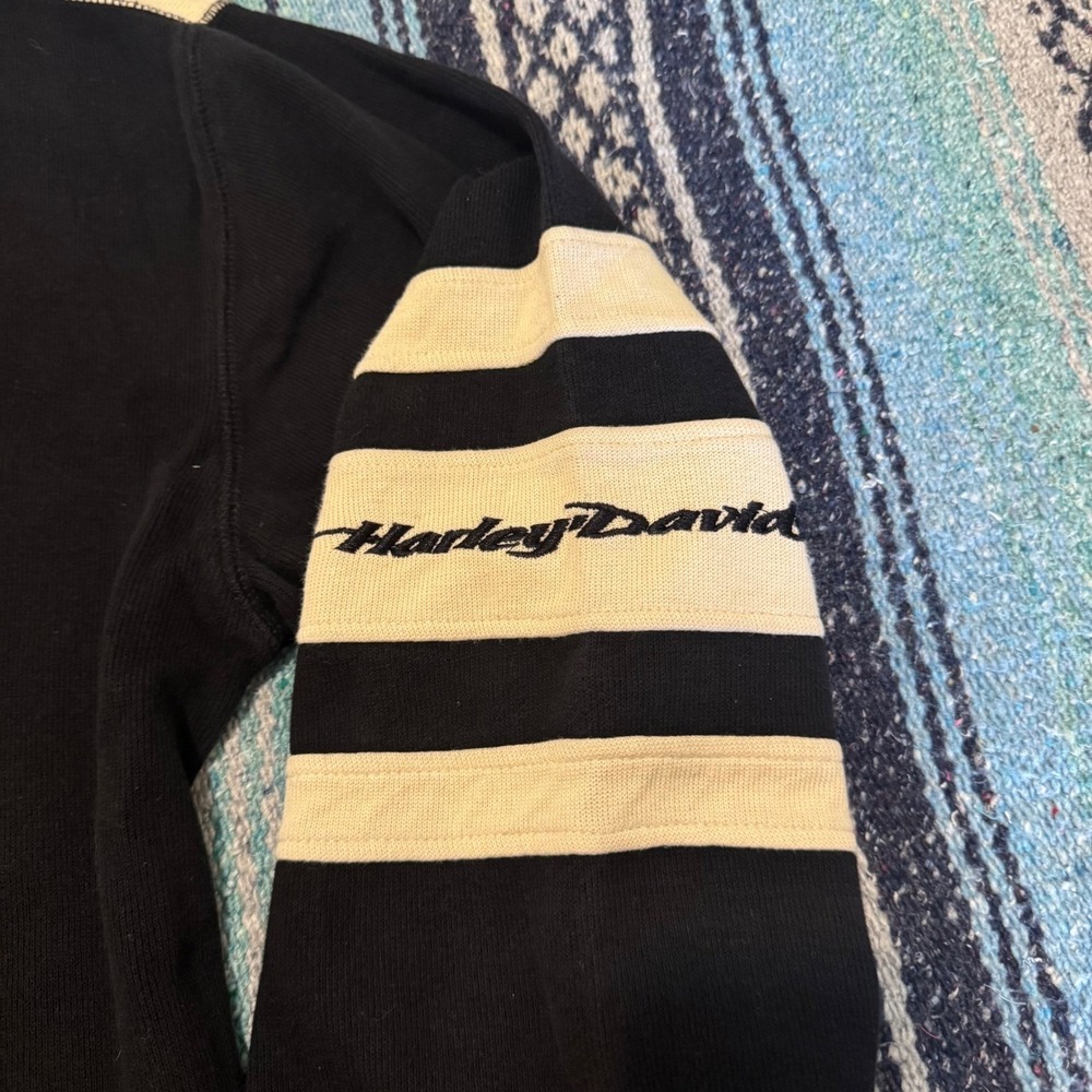 Harley-Davidson Mens Long Sleeve Polo Rugby Shirt Black Cream Racing Stripe - Picture 9 of 10